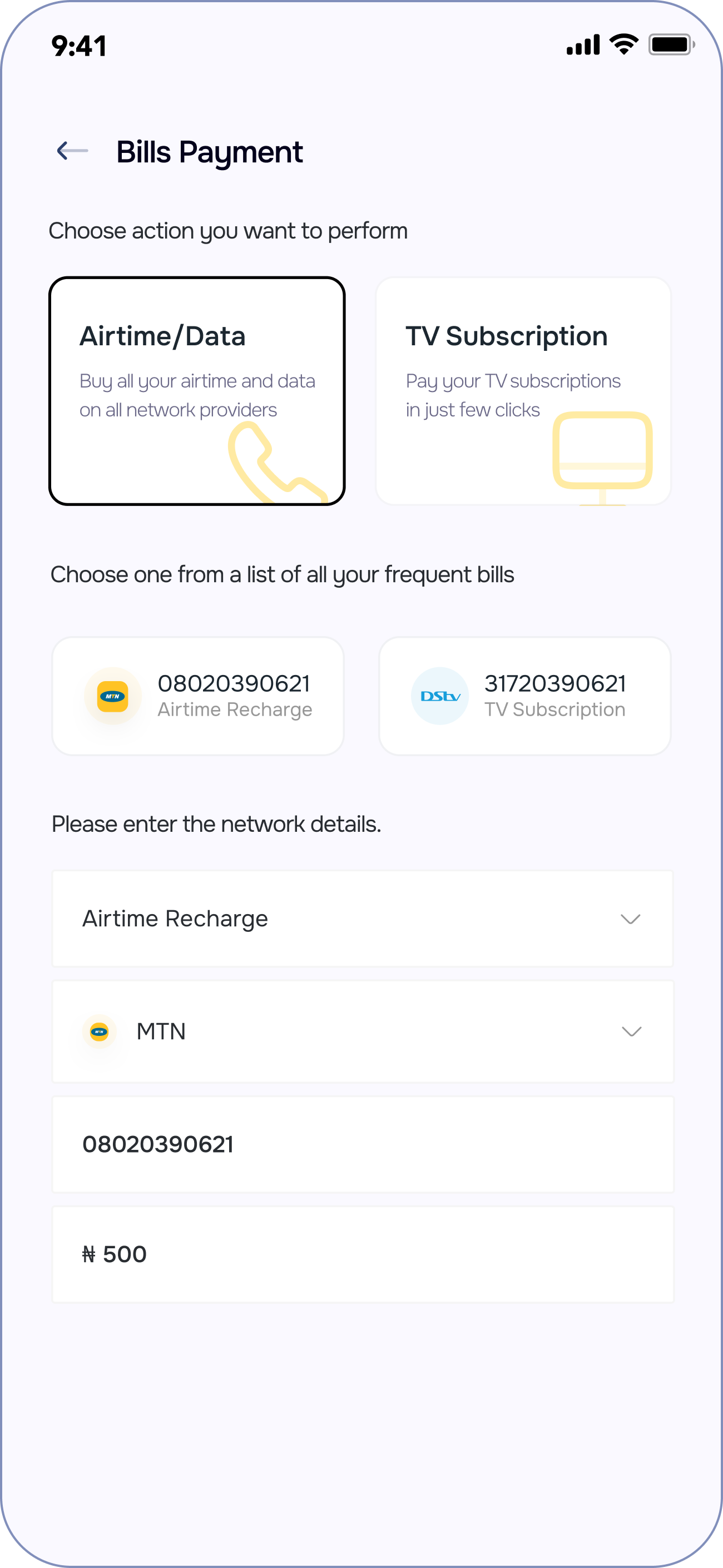 Choosing a saved bill in the Suplox bills payment screen