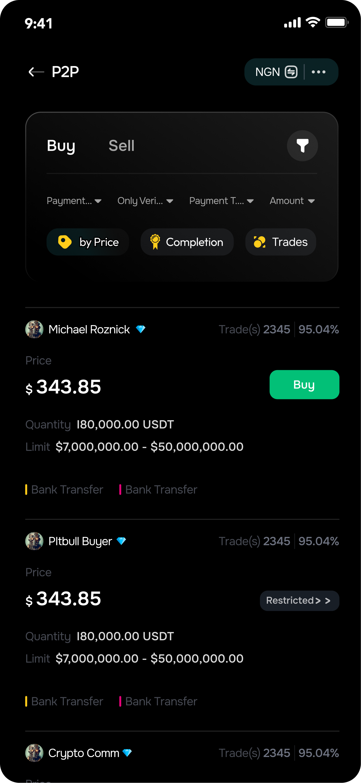 Browsing P2P buy offers in the Suplox app